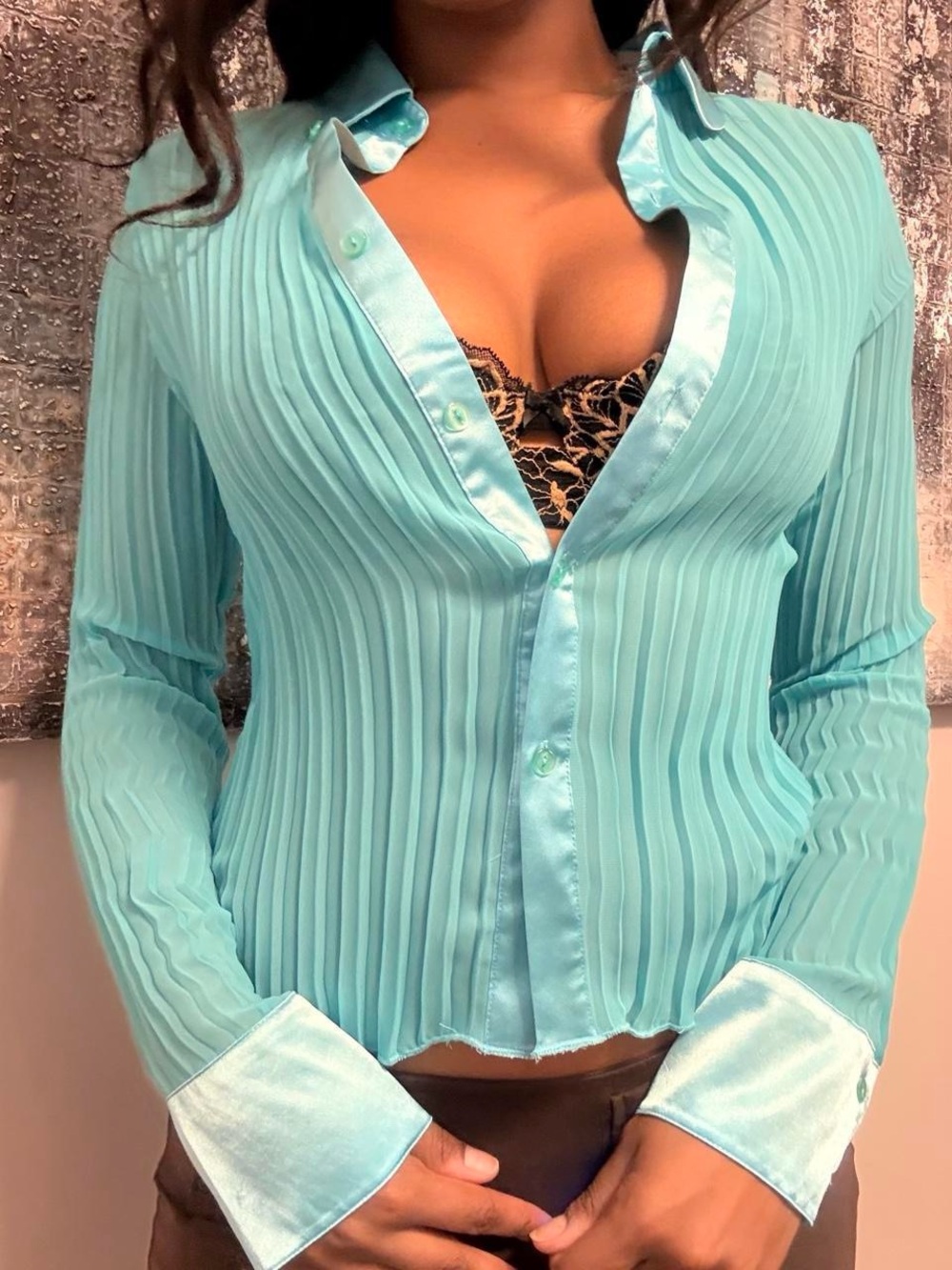 Vintage sheer Aqua Pleated Long-Sleeve Button Front Top